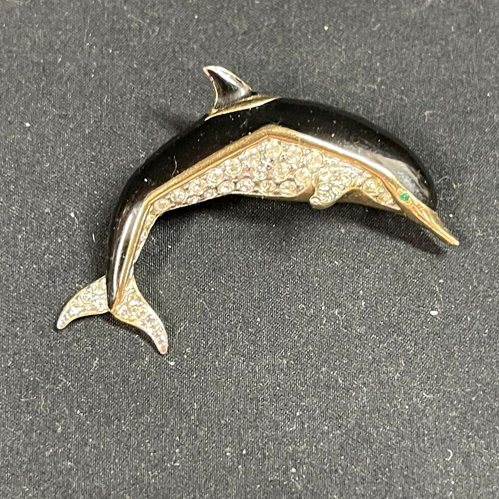 Dolphin Rhinestone and Black Enamel Gold Tone Brooch Green Eye